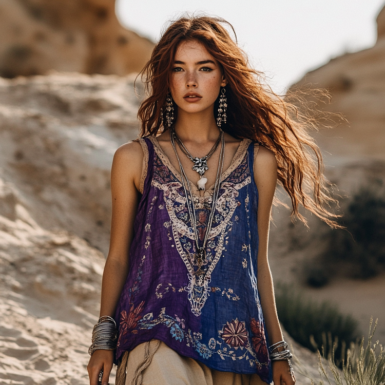 Utbros Women's Bohemia Ethnic Patchwork Style Linen Sleeveless Top