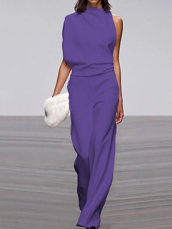 Solid color one-shoulder pile collar jumpsuit
