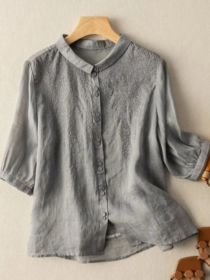 Women'S Embroidered Half Sleeve Casual Linen Shirt Top socialshop
