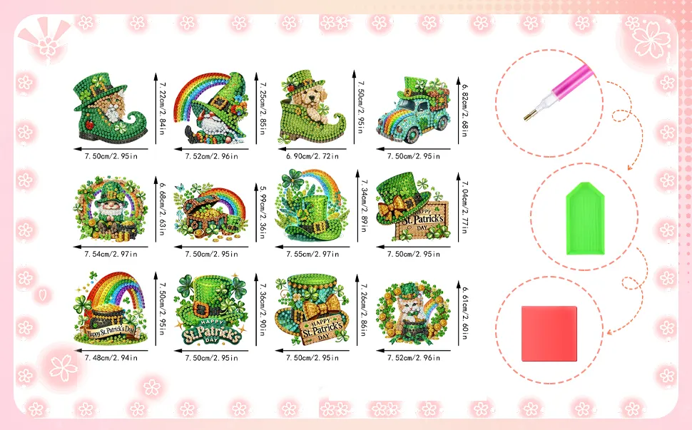 12Pcs St Patricks Day DIY Diamond Art Fridge Magnet Refrigerator Sticker Diamond Art Stickers Refrigerator Painting Kits for Beginners Adults DIY Craft Gifts Home Decors