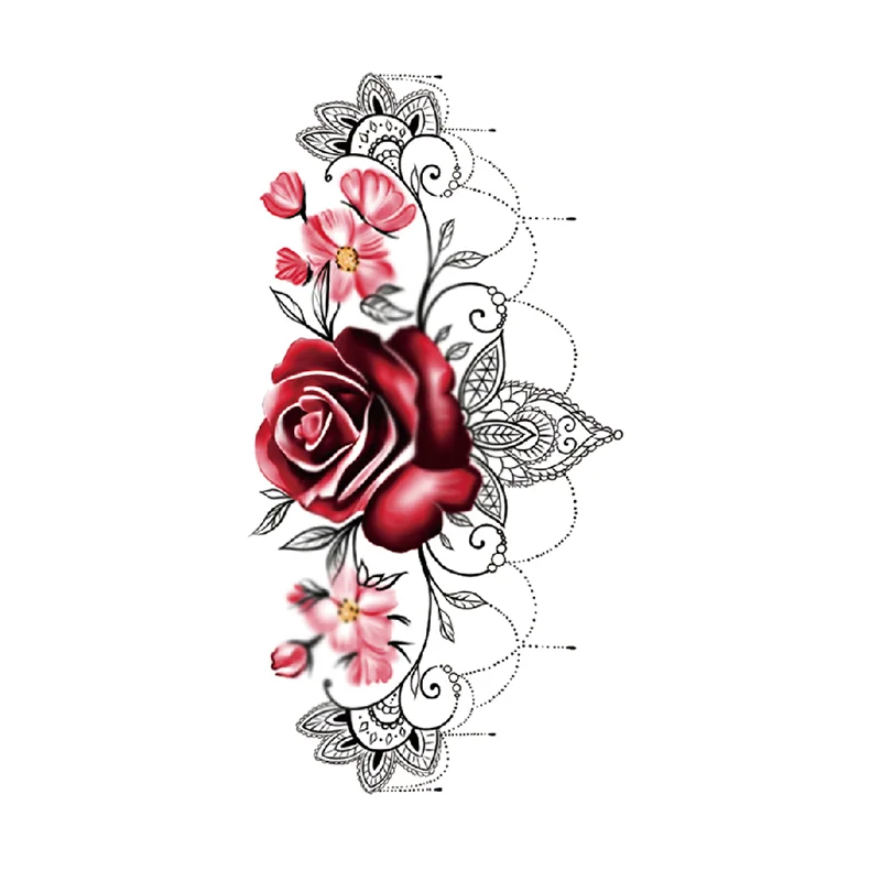 Sdrawing Tattoo Sticker Sexy Rose Sanskrit Flowers Totem Pearl Necklace Fake Tattoos Waterproof Tatoos Arm Large Size for Women
