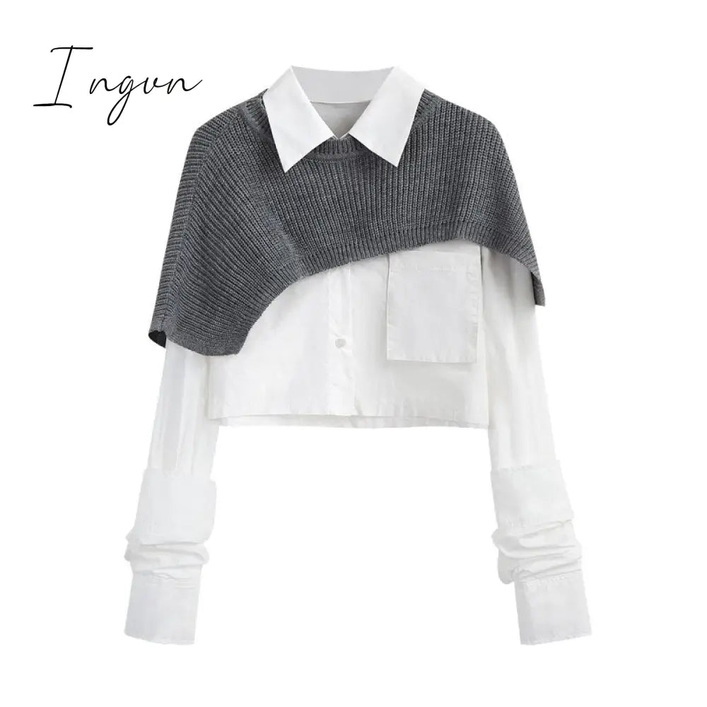 Ingvn - Spring Autumn Fashion Women Two Pieces Sets Long Sleeve Short Blouse Shirt + Solid Knitted