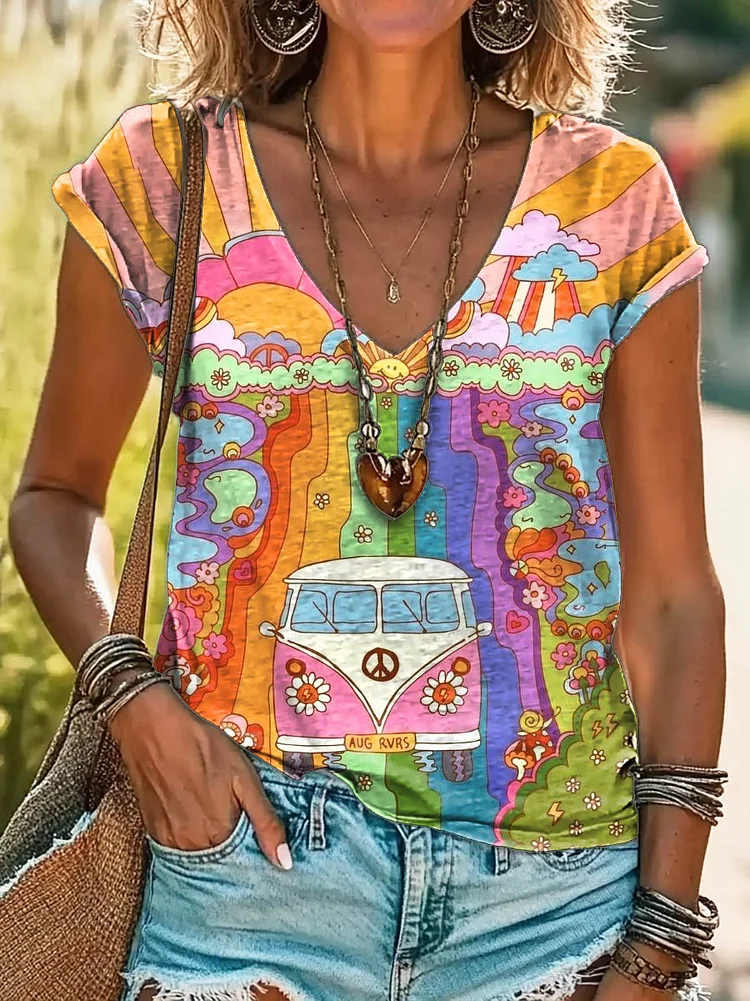 Women's Hippie Peace Car Art Print 100%Cotton V-neck T-Shirt