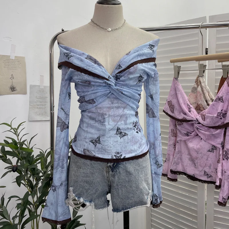 Churchf Vintage Oil Painting Print Collar A Word Twisted Folded Short-Sleeved Trumpet Blouse 9907