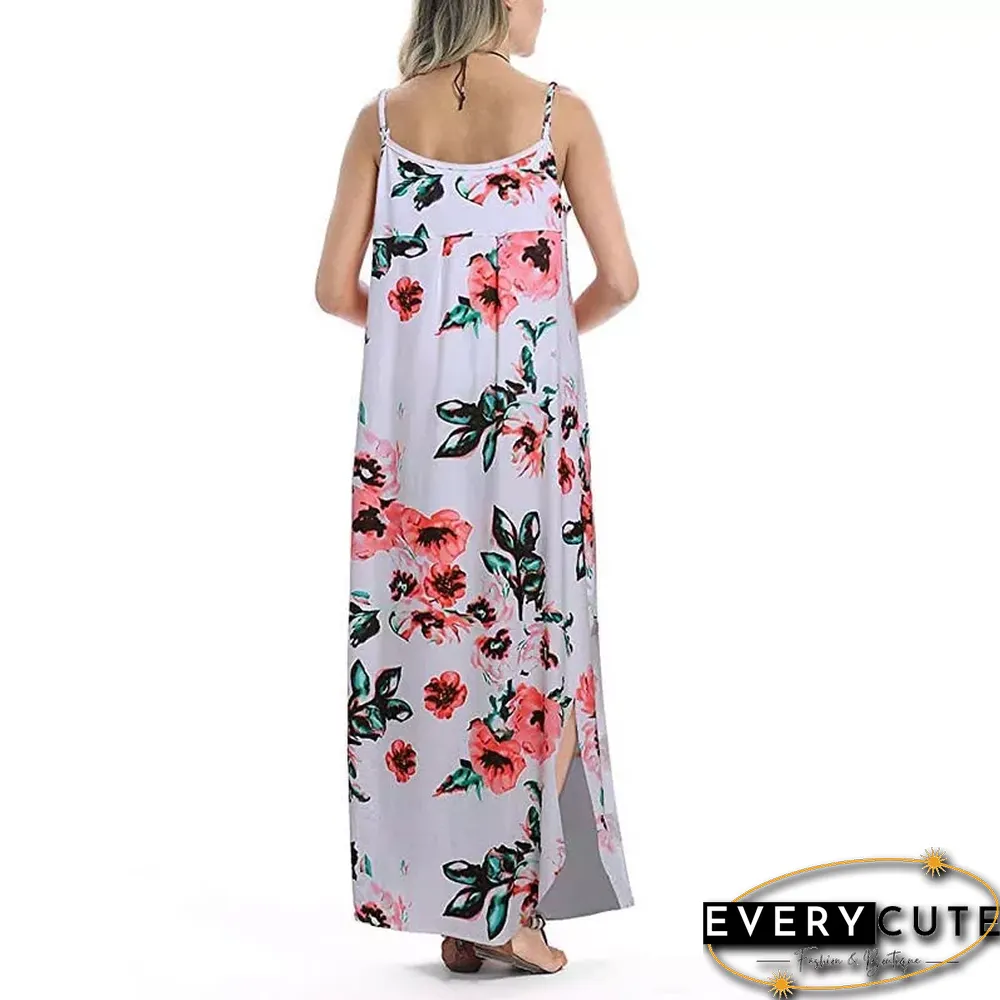 White Floral Print Sleeveless Maxi Dress with Pockets