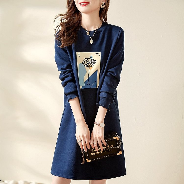 Deep Blue Sweet Floral Cotton-Blend Dresses
