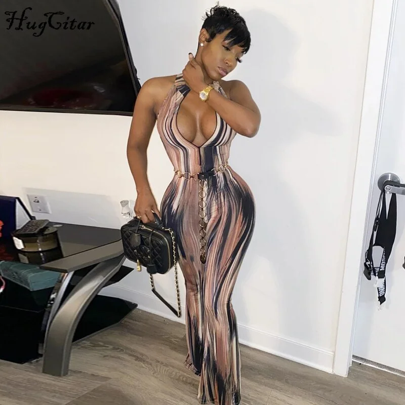 Hugcitar 2020 sleeveless print bodycon sexy jumpsuit spring women stretchy flare slim body streetwear club party outfits