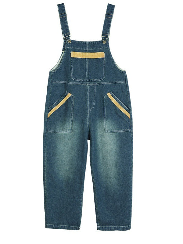 Women's Loose Denim Overalls Large Size Color Matching Casual Wide Leg Pants Overalls