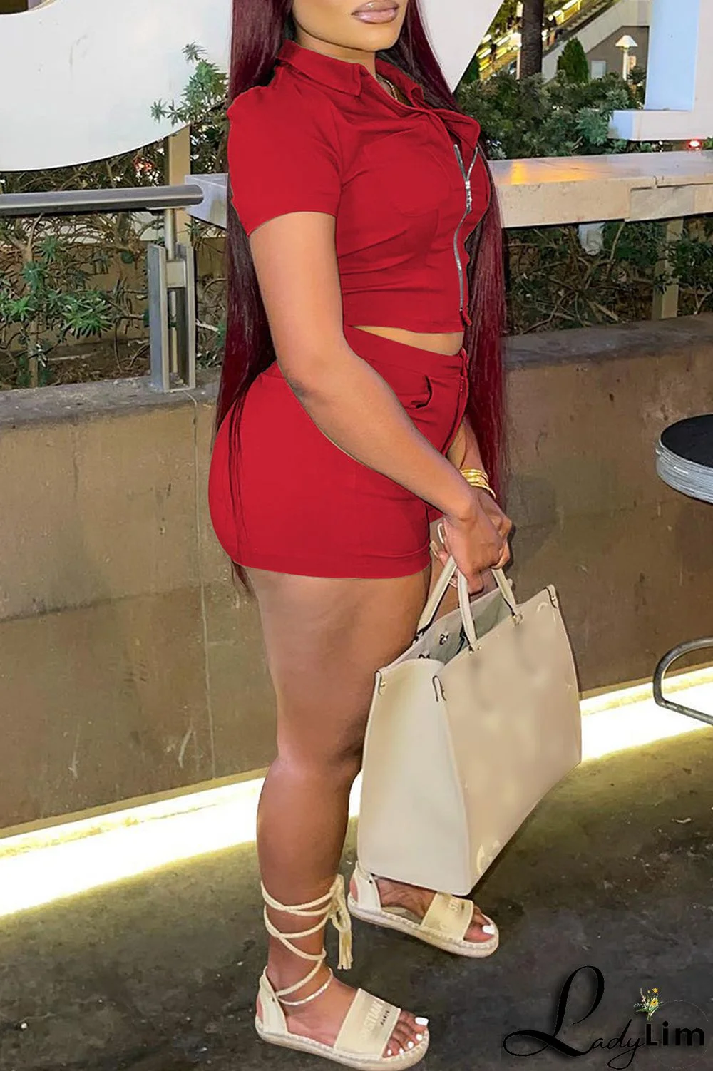 Khaki Fashion Casual Solid Basic Zipper Collar Short Sleeve Two Pieces