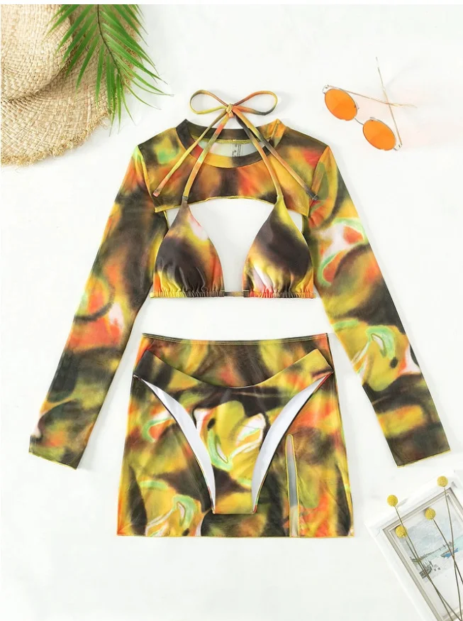 Uveng 2025 New Bikin Bikin Tie Dye Four-Piece Split Swimsuit Woman