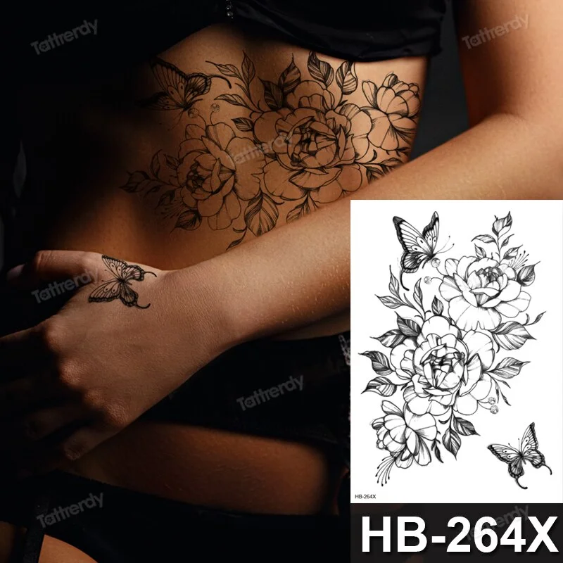 Sdrawing henna black lace mandala flowers sexy waterproof temporary tattoo for women thigh body tattoo sketch flower rose peony big