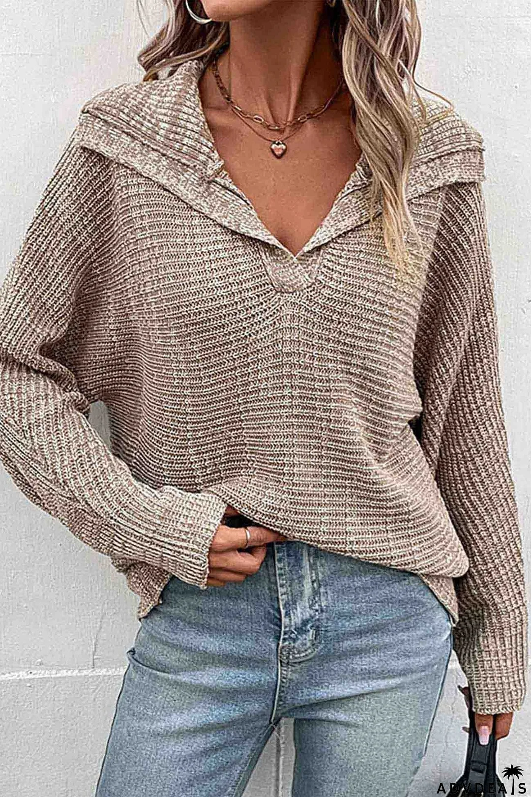 Khaki Lapel Long Sleeve Sweater