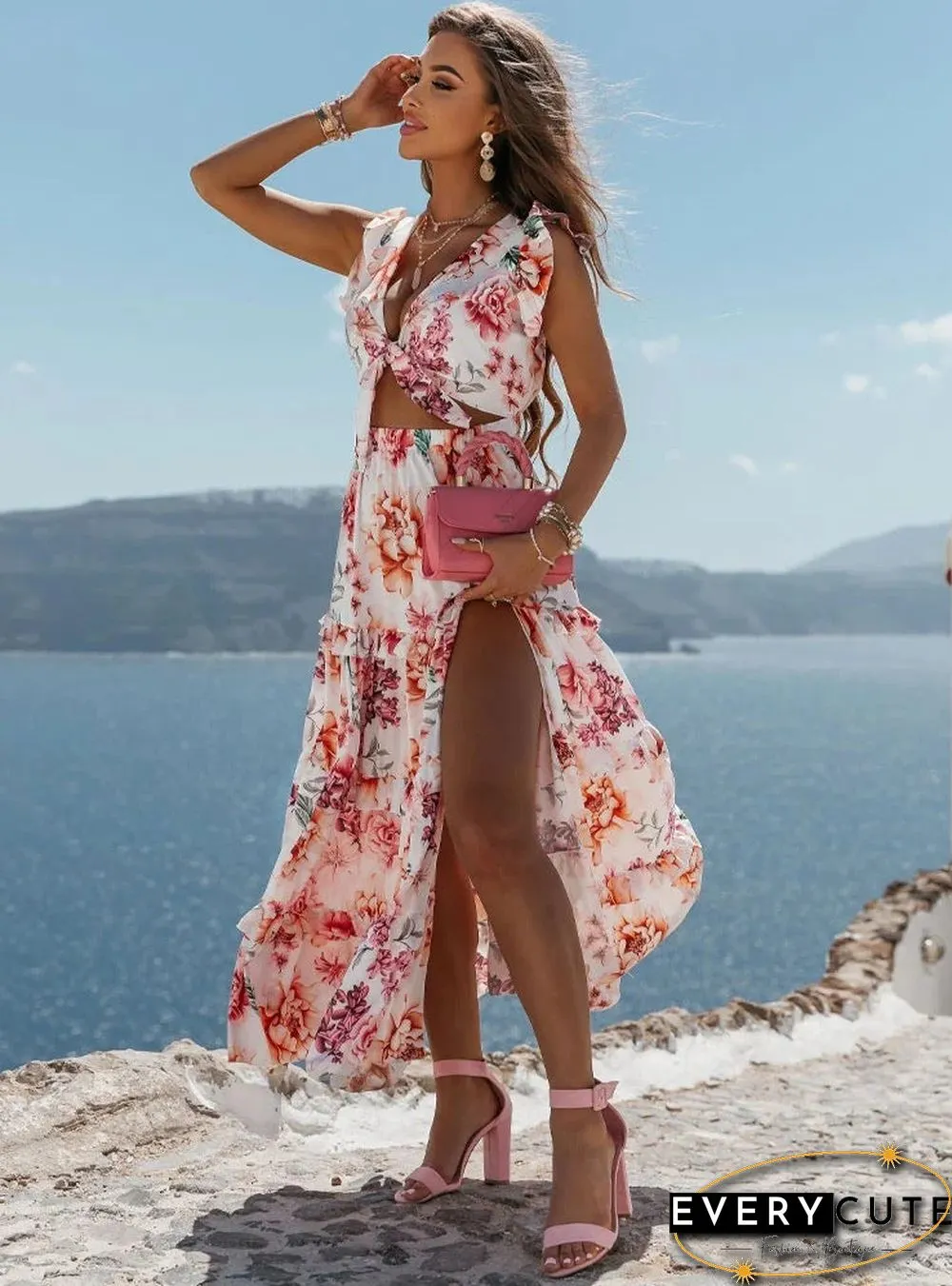 Sleeveless Deep V Neck Floral Deep V Neck Dress