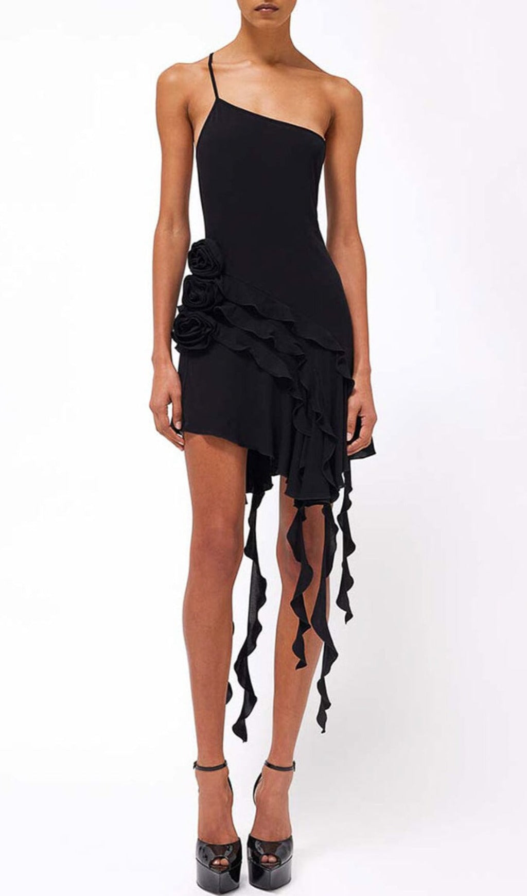 Rose-Detail Ruffled Mini Dress In Black Flowering Girl
