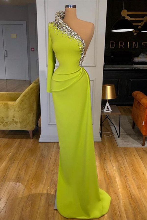 Oknass One-Shoulder Mermaid Green Beadings Prom Dress With Long Sleeves