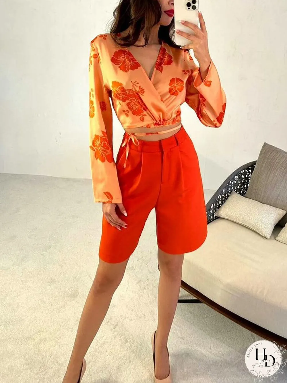Womens summer autumn shorts outfits ladies cross neck long sleeve blouse tops solid