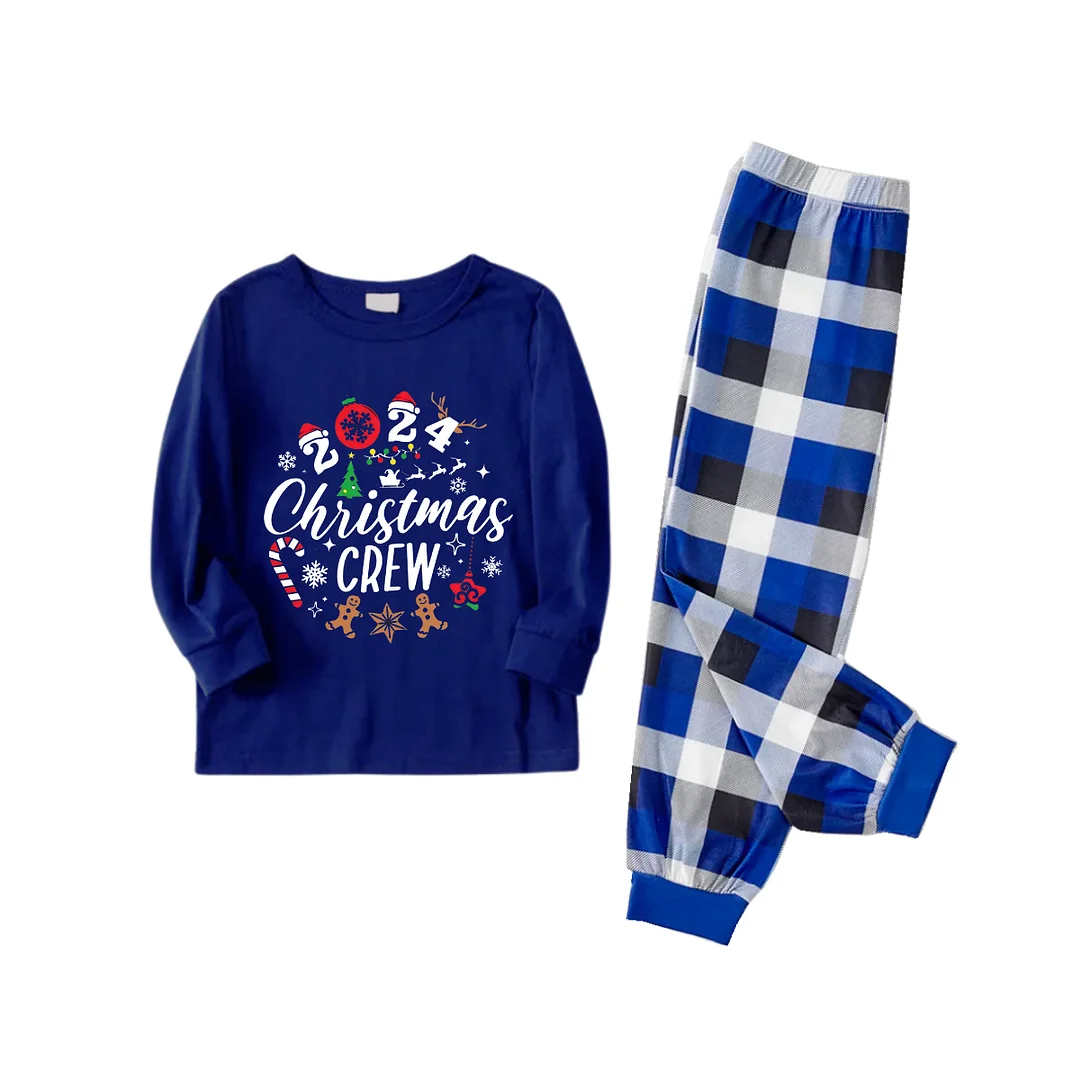 "2024 Christmas Crew" Text and Christmas Pattern Printed Blue and White Plaid Family Matching Pajamas