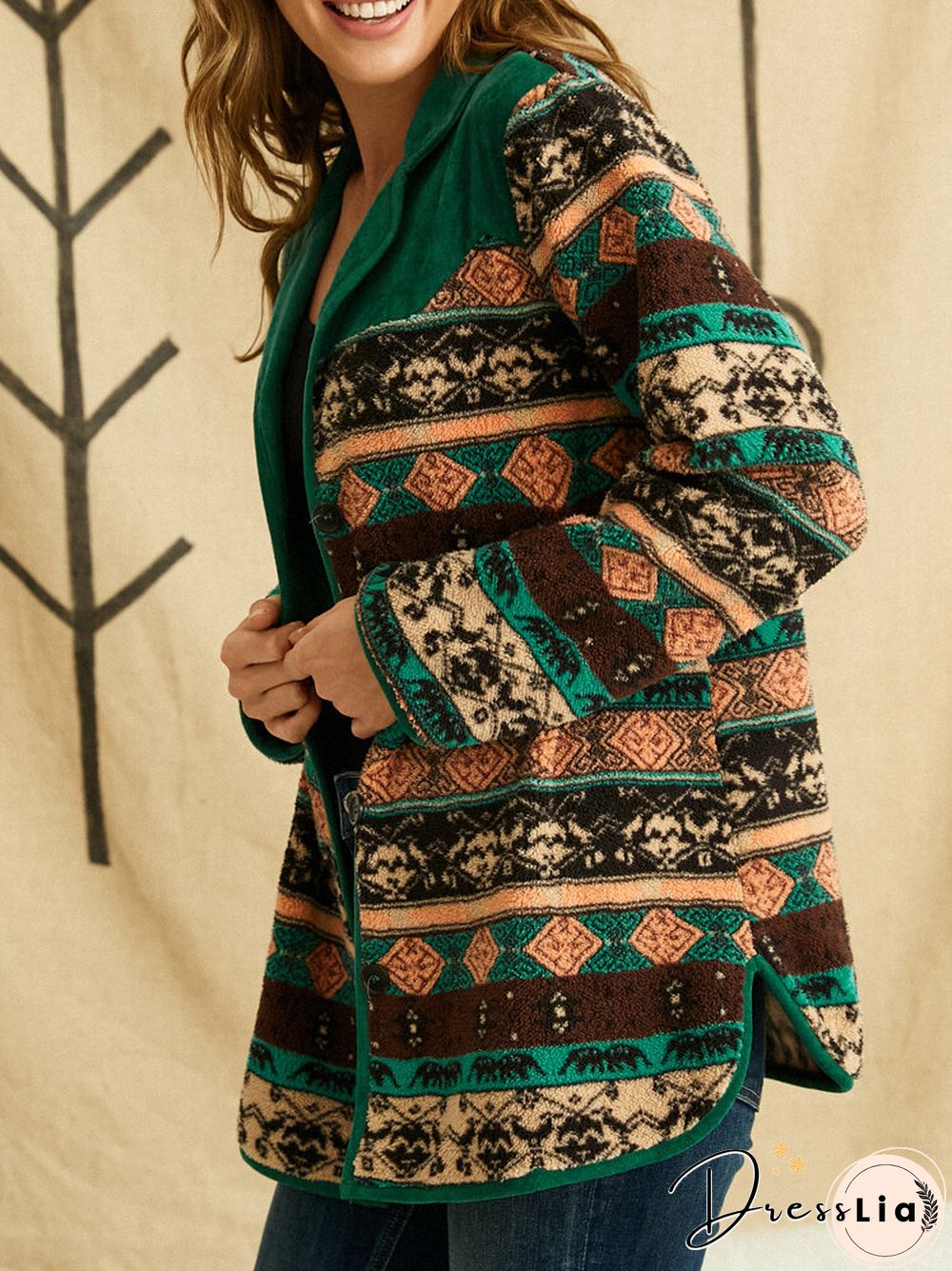 Ethnic Print Patchwork Long Sleeve Lapel Collar Button Jackets for Women