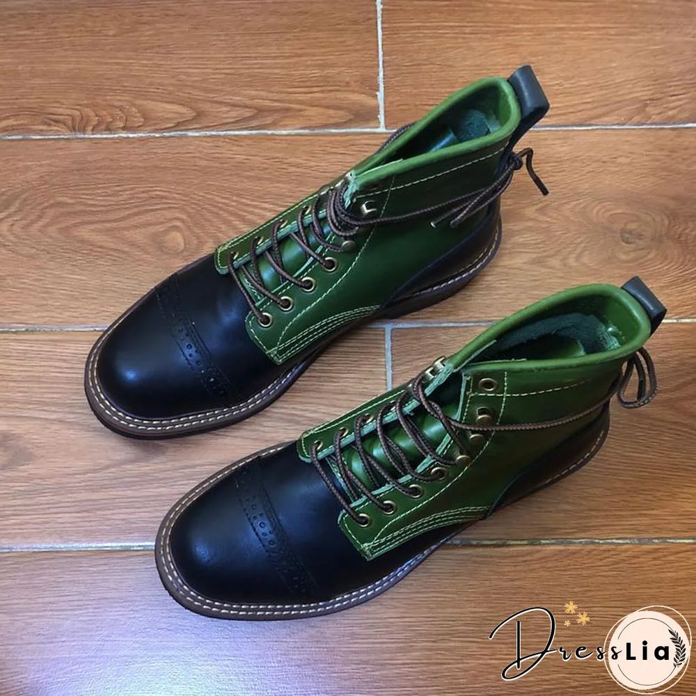 Genuine Genuine Leather Lace-Up Vintage High Quality Tooling White Ankle Boots Motorcycle Boots