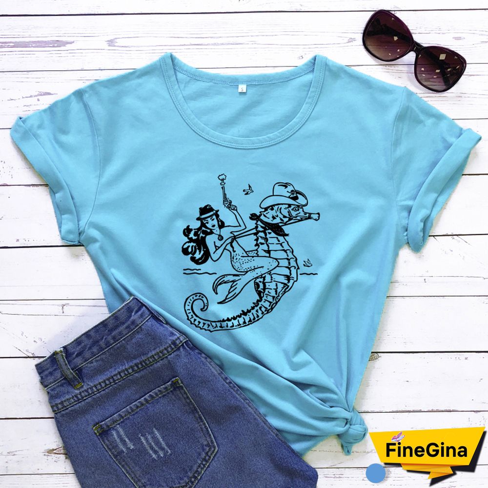 The Cowgirl Mermaid 100% Cotton T-shirt Aesthetic Sea-haw Rodeo Western Tshirt Funny Women Hipster Graphic Tee Shirt Top