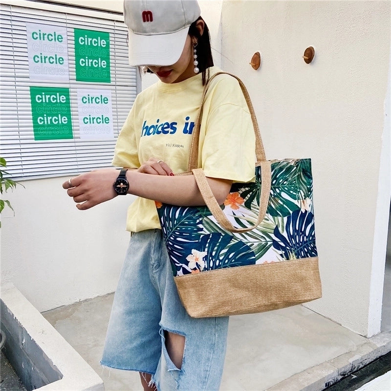 Women’s Large Canvas Tropical Vacation Open Shoulder Bag
