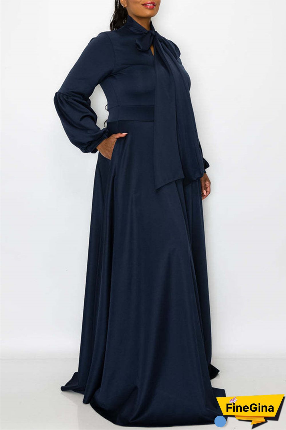Tibetan Blue Casual Solid With Bow O Neck Long Sleeve Plus Size Dresses