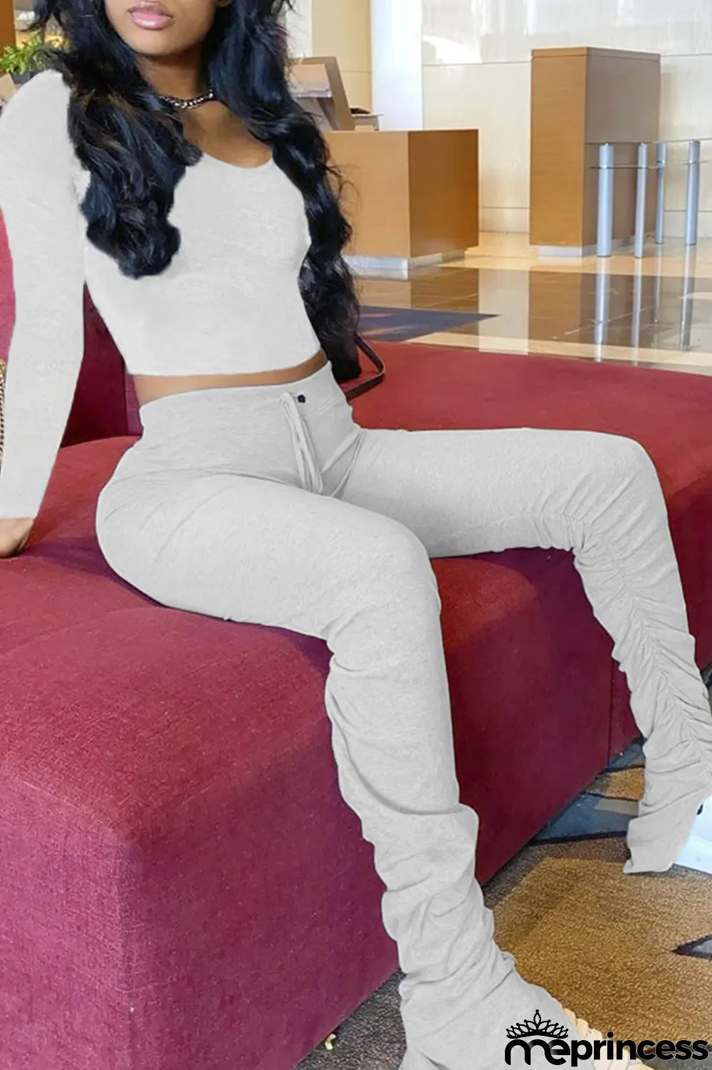 Grey Fashion Casual Solid Slit Fold V Neck Long Sleeve Two Pieces