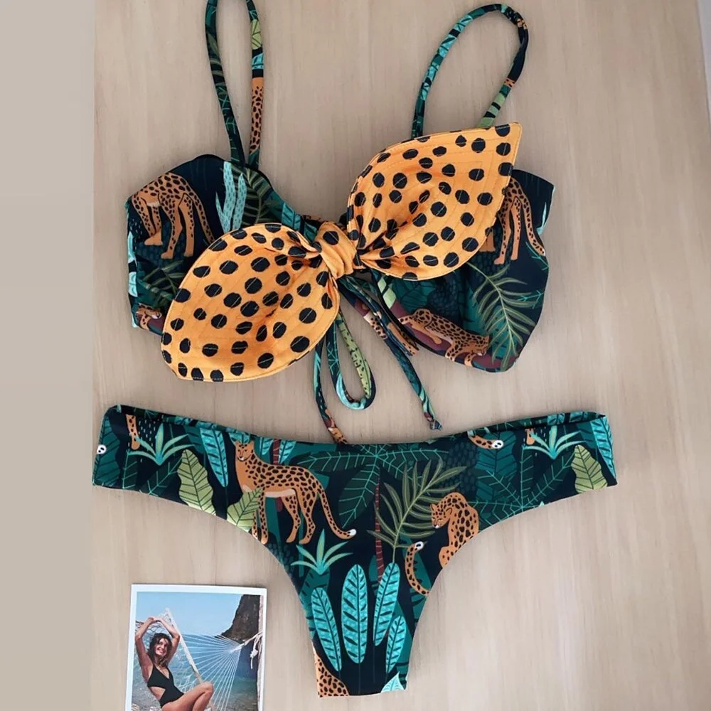 2022 New Sexy High Waist Bikini Sets Ruffle Swimwear Women Swimsuit Print Floral Dots V-neck Beach Wear Bathing Suits biquini