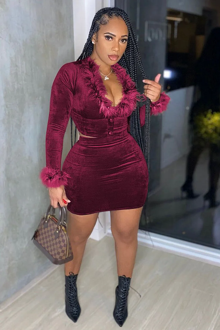 Faux Fur Velvet V Neck Bodycon Mini Skirt Matching Set