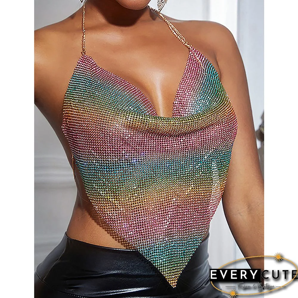 Multicolor Sequined Metal Chains Halter Camisoles