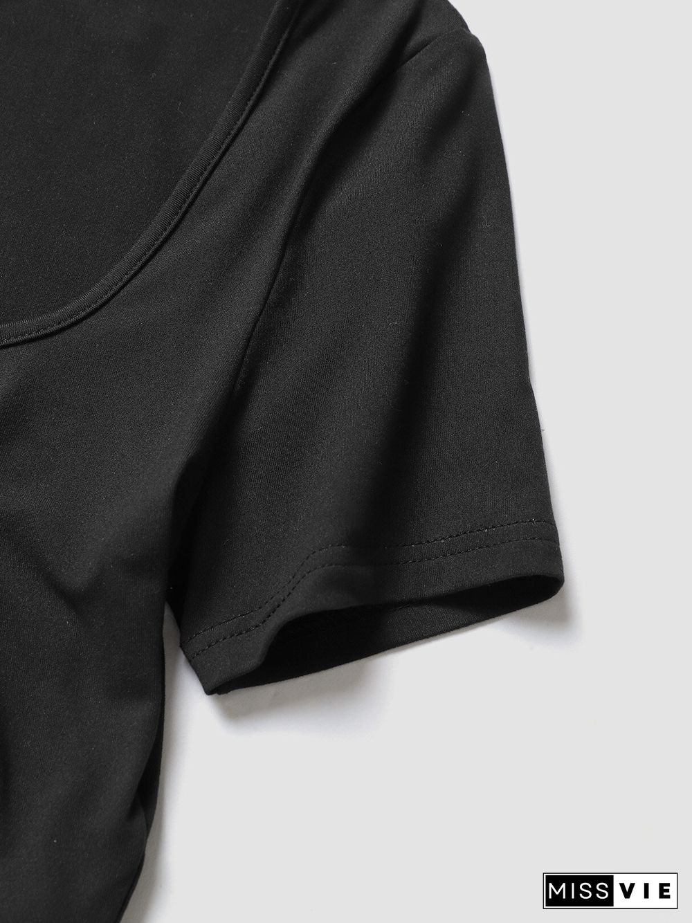 Solid Drawstring Square Collar Short Sleeve Crop Top