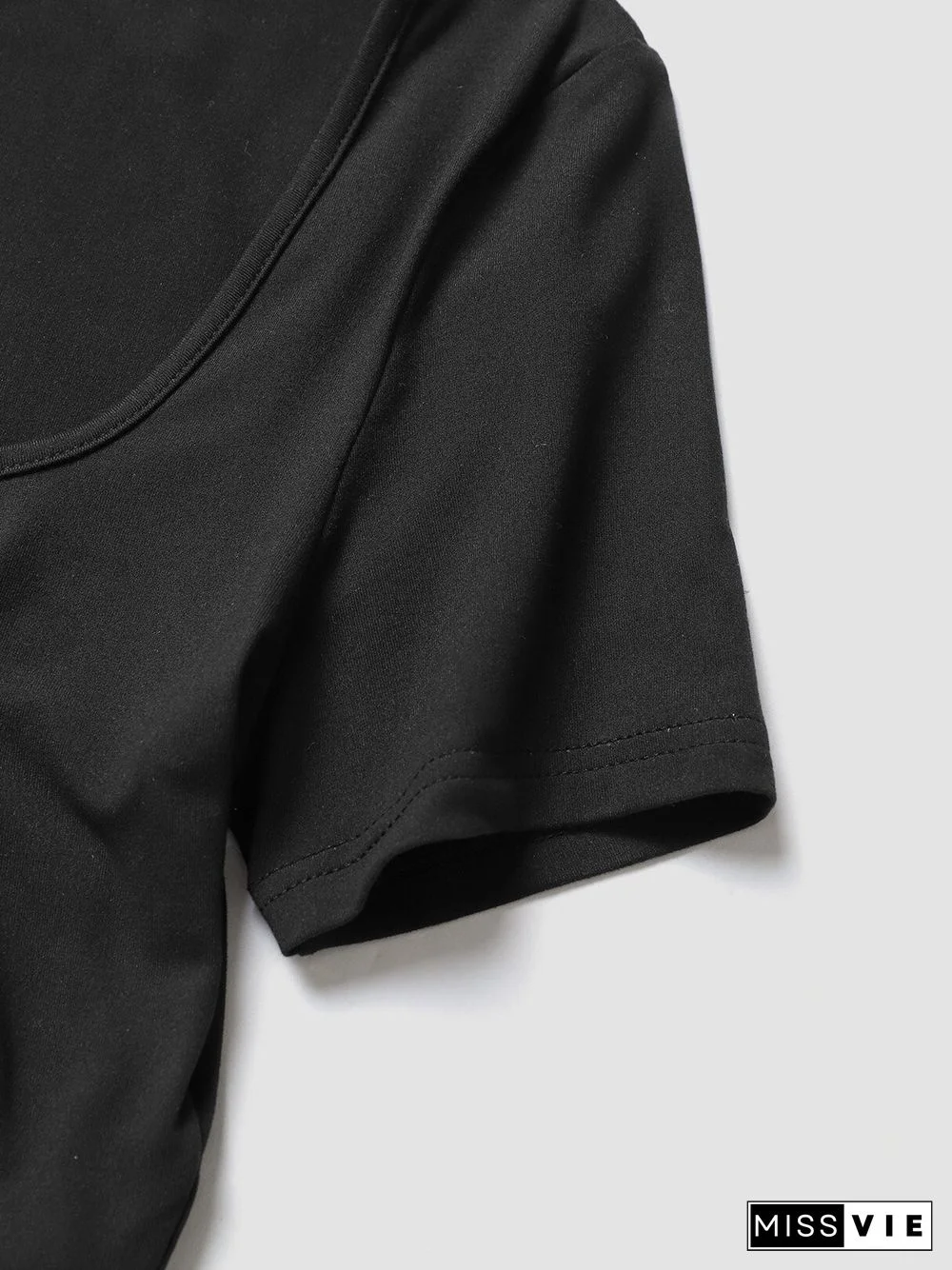 Solid Drawstring Square Collar Short Sleeve Crop Top