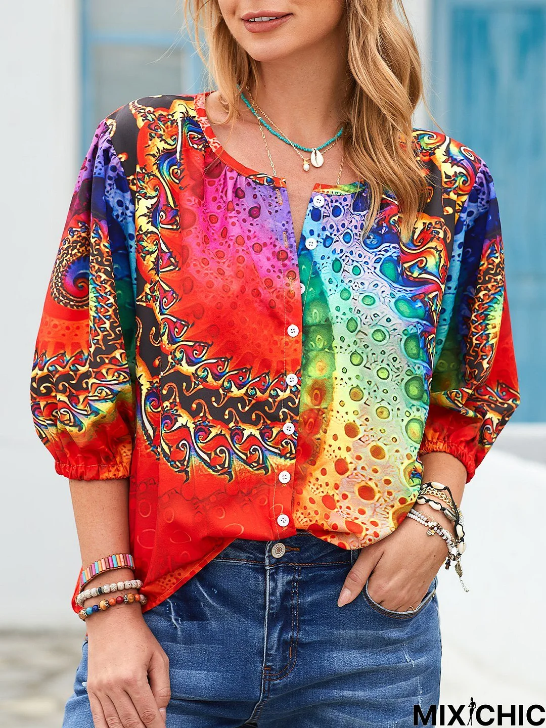 Ombre V Neck Loosen Blouse