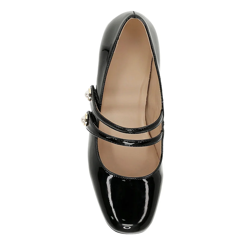 Black Patent Leather Square Toe Double Strap Pearl Heeled Mary Janes