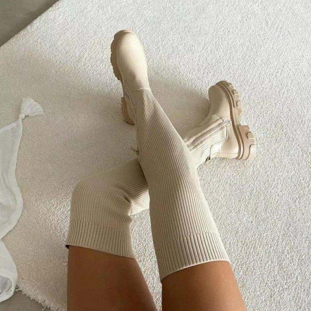 Casual Commuter Fly-Knit Zipper Round Toe Over-The-Knee Thick Sole Platform Boots