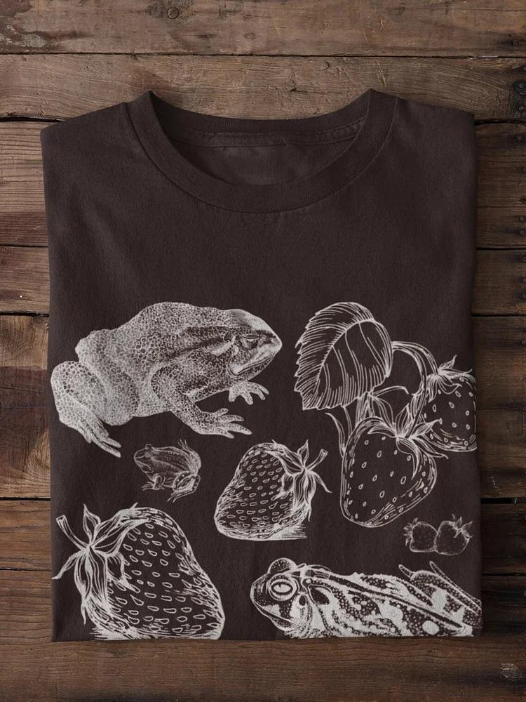 Unisex Frog Strawberry Illustration Print Casual Short Sleeve T-Shirt