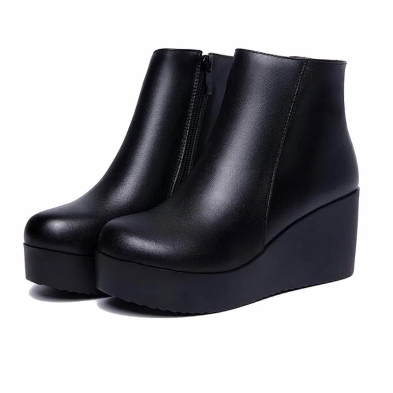 2021  Leather Autumn Winter Boots Shoes Women Ankle Boots Female Wedges Boots Women Boot Platform Shoes Warm