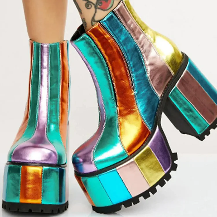 Multicolor Platform Chunky Heels Women's Round Toe Ankle Boots |FSJ Shoes