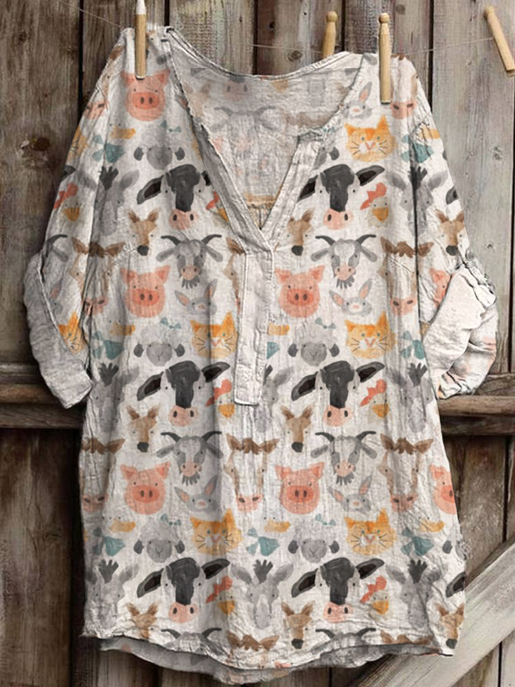 Comstylish Farm Animal Family Watercolor Linen Loose Top