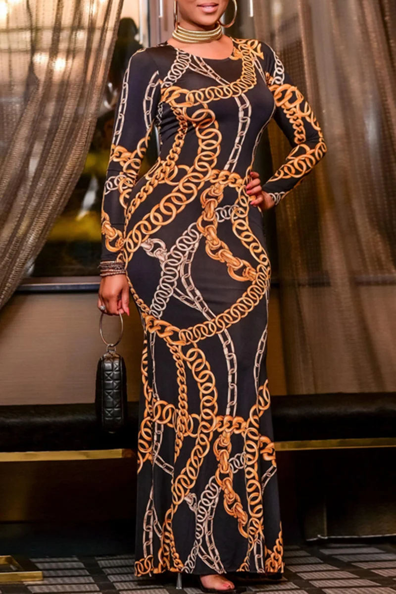 Black Fashion Sexy Print Hollowed Out O Neck Long Sleeve Dresses