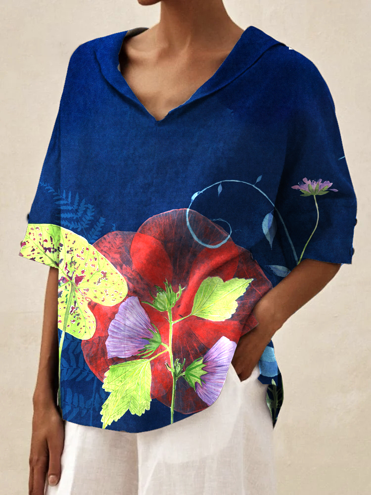 Women's Blue Tie-Dye Floral Print Top