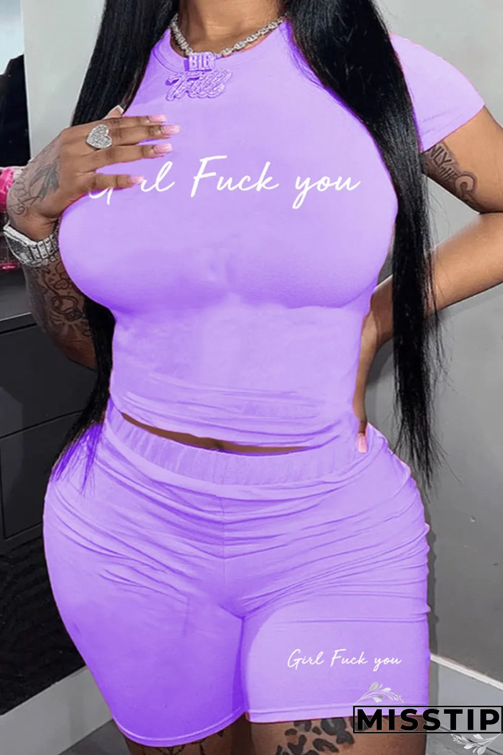 Black Casual Letter Print Patchwork O Neck Plus Size Two Pieces