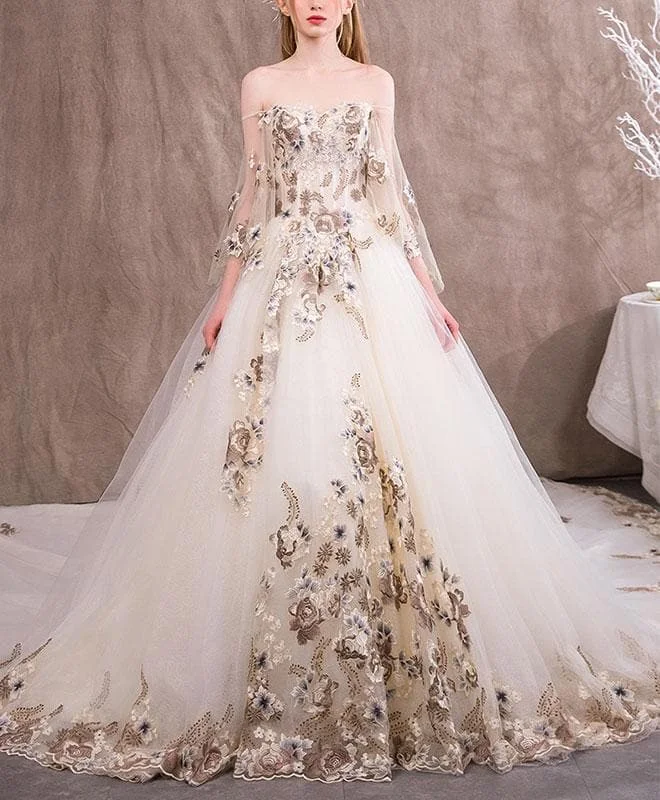 Unique Sweetheart Tulle Lace Applique Long Wedding Dress, Evening Dress