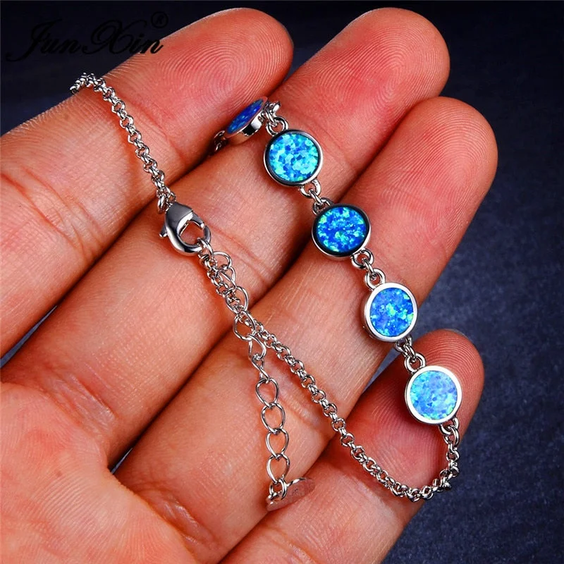 Cute Boho Female Blue Fire Opal Bracelet Unique Style Silver Color Chain Bracelets For Women Fashion Wedding Jewelry