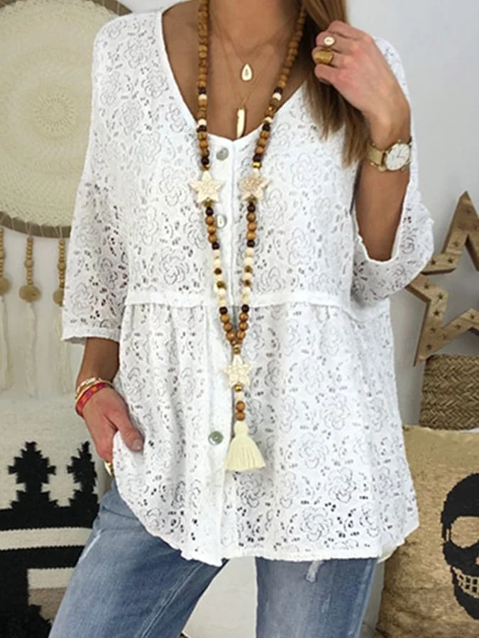 Women's Casual Pure Color Lace Stitching Shirt