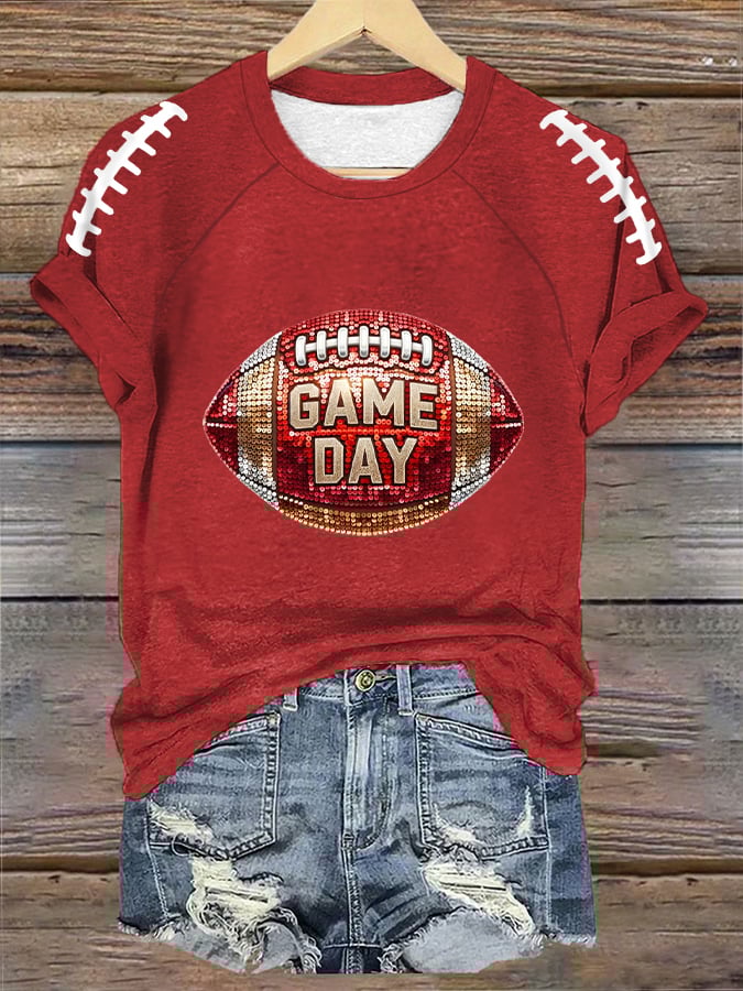 Women's Game Day  Glitter Print Football Fans Gameday Casual Tee
