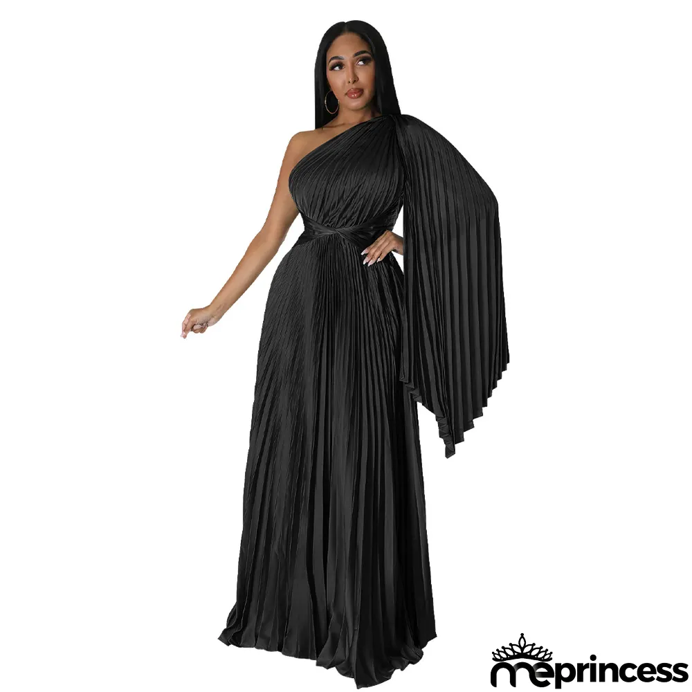 Fashion Women's One Shoulder Pleated Slash Shoulder Slim Waist Dress
