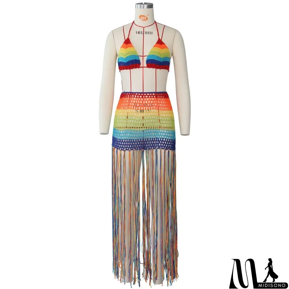MidiSono - Sexy Crochet Tassel Cutout Skirt Two Piece Set