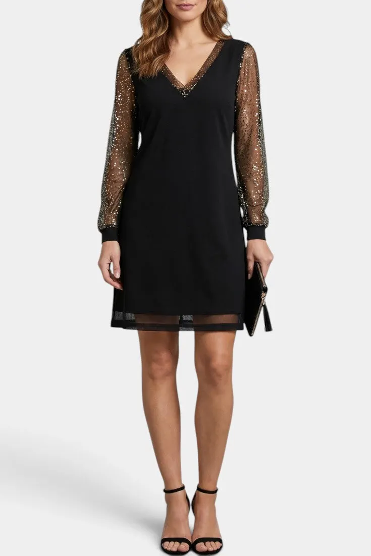 V-Neck Mini Dress with Sequined Long Sleeves