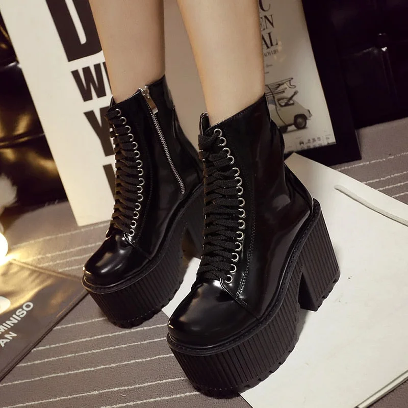 Vstacam Back to School Fashion Ankle Boots For Women Platform Shoes Punk Gothic Style Rubber Sole Lace Up Black Spring Autumn Chunky Boots Woman